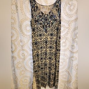 J Jill Sleeveless Maxi Dress Blue White Mosaic Tile Beach Stretch Jersey Knit S